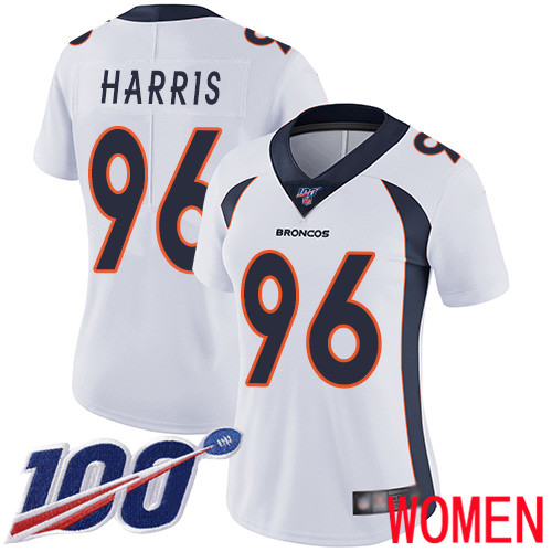 Women Denver Broncos #96 Shelby Harris White Vapor Untouchable Limited Player 100th Season Football NFL Jersey